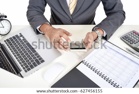 Image of young businessman with tablet computer. Banking, payment, communication, and network technology

