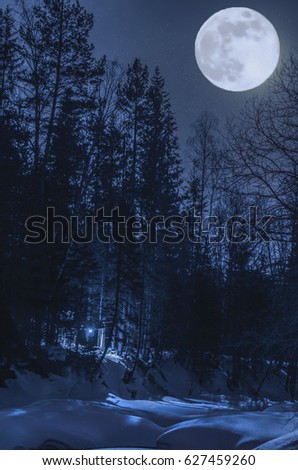Hunting lodge in the winter forest in the light of the full moon
