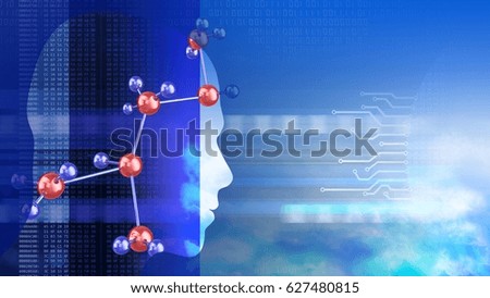 abstract 3d sky background with molecular structure and head silhouette
