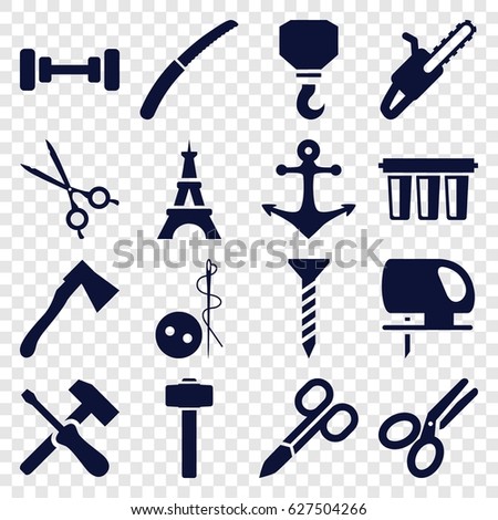 Steel icons set. set of 16 steel filled icons such as Eiffel Tower, manicure scissors, barbell, needle button, screw, hook, electric saw, axe, garden hammer, gardening knife