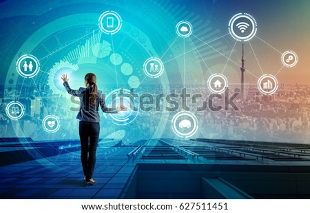 young business person and graphical user interface concept, Internet of Things, Information Communication Technology, Smart City, digital transformation, abstract image visual