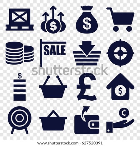 Market icons set. set of 16 market filled icons such as Coin, Money sack, Wallet, cargo on palette, target, house sale, shopping cart, shopping bag, money up, shopping basket