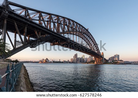 Beautiful sunrise over Sydney Harbour Bridge viewed from Kirribilli in North Sydney.