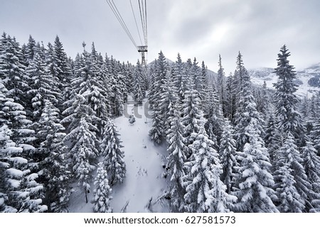 Ski-lift transports skiers to the top of the mountain, 