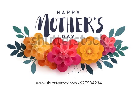 Happy Mother's Day lettering on a white. Bright illustration with red flowers and shadow. Paper flowers for the holiday. Royalty-Free Stock Photo #627584234