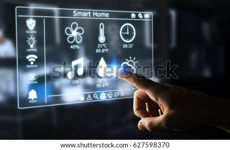 Businessman on blurred background using smart home digital interface 3D rendering
