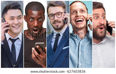 The collage from images of multiethnic group of happy young women using their phones