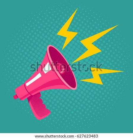 Vector vintage poster with pink megaphone on halftone background. Pink retro megaphone Royalty-Free Stock Photo #627623483