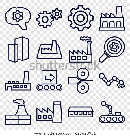 Factory icons set. set of 16 factory outline icons such as factory, barn, gear, building, conveyor, conveyor and robot arm, paper press