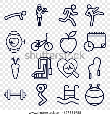 Lifestyle icons set. set of 16 lifestyle outline icons such as Casino girl, apple, carrot, heartbeat search, heartbeat watch, swimming pool, calendar with clock, skipping rope