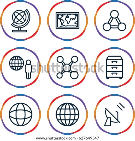 Global icons set. set of 9 global outline icons such as globe, nightstand, satellite, world map, share, network connection