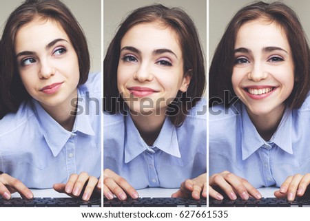 Collage made of three images of a young woman typing at her keyboard with different facial expressions.