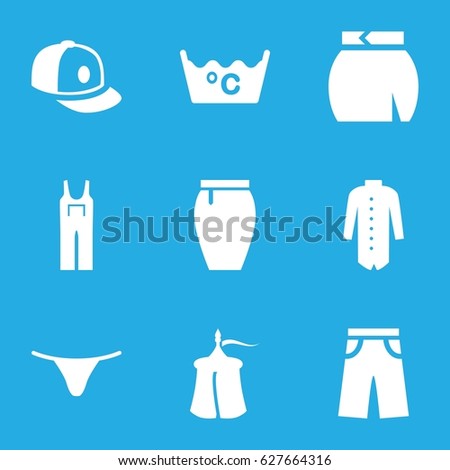 Textile icons set. set of 9 textile filled icons such as laundry, female underwear, pants, jumpsuit, skirt, baseball cap, jacket