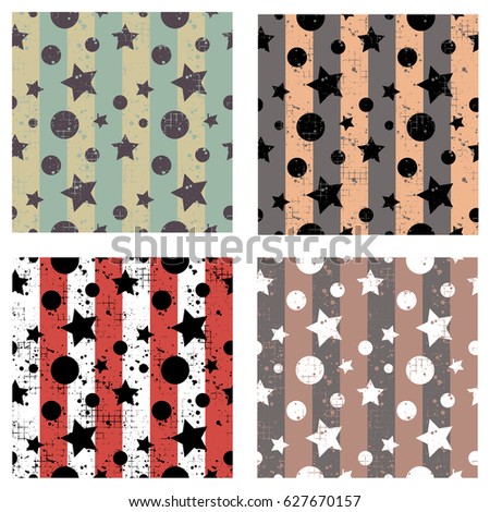 Set of vector seamless patterns Creative geometric backgrounds with stars, drops, blots. Texture with attrition, cracks and ambrosia. Old style vintage design. Graphic illustration.