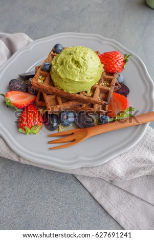 Delicious and healthy homemade meal for breakfast and tea / Chocolate Waffle Matcha Avocado Nice Cream / Weekend treats for working couples or family with good nutrition intake for a healthier life