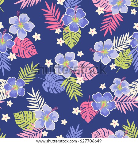 Hibiscus and tropical leaf seamless pattern background