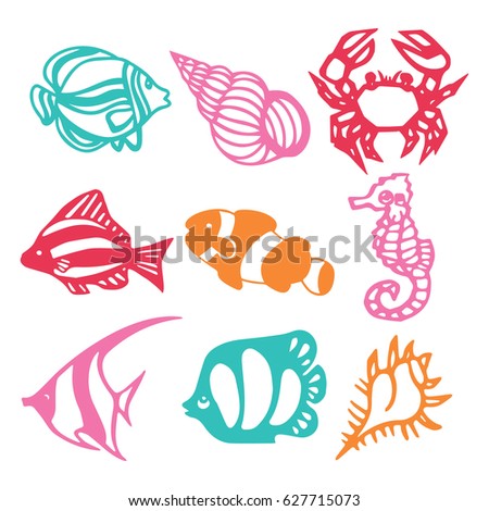A vector illustration of assorted paper cut silhouette underwater animals set like reef fishes, seashell and crab.