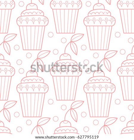 Vector doodle seamless pattern with cherry cupcakes. Sweet simple print.