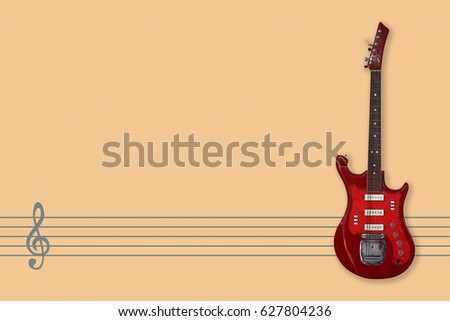 Vintage electric guitar on a Music staff and Clef background.