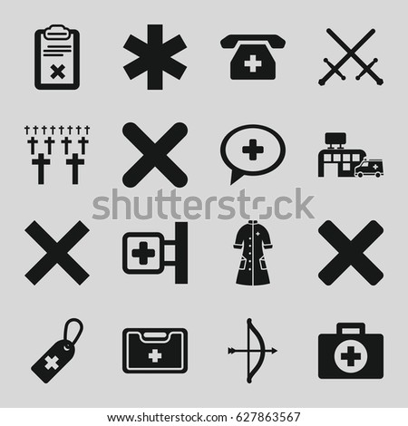 Cross icons set. set of 16 cross filled icons such as clipboard, nurse gown, hospital, cemetery, bow, sword, cancel
