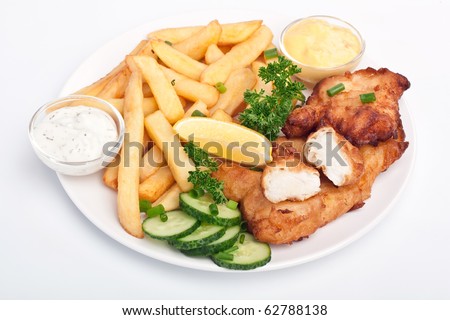 serving of fish and chips on white background