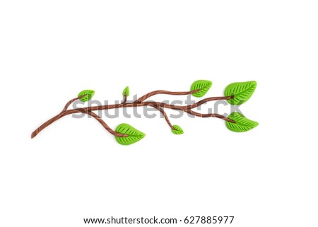 3d handmade Branch with green leaves nature isolated on white background. Cute cartoon children's style figures handicraft for clay plastiline	