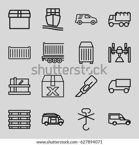 Shipping icons set. set of 16 shipping outline icons such as parcel, cutter, truck, van, cargo box, no cargo warning, delivery car, box