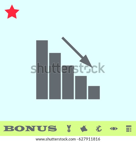 Graph down icon flat. Grey pictogram on blue background. Vector illustration symbol and bonus buttons medal, cow, earth, eye, calculator