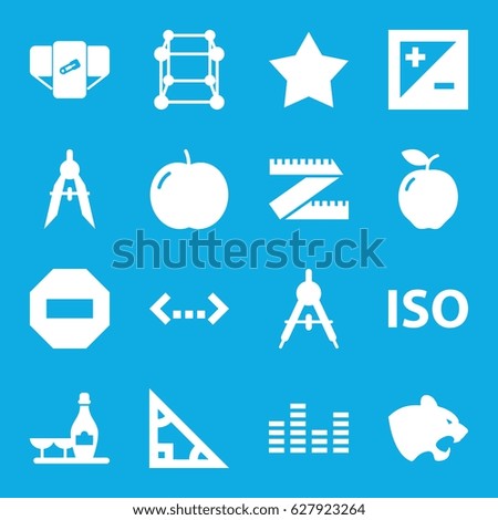 Geometric icons set. set of 16 geometric filled icons such as apple, panther, compass, diaper, champagne and wine glasses, equalizer, light exposure, ISO, star, triangle, cube