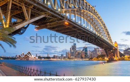 Magnificence of Harbour Bridge at dusk, Sydney.