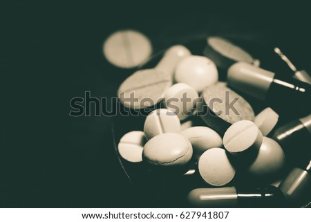 Pharmacy theme, capsule pills with medicine antibiotic in packages.