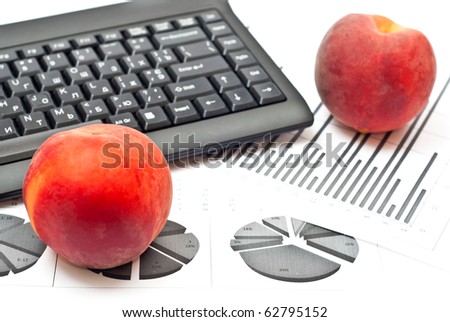 Fresh peaches with office detail. White background