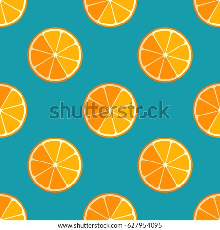 Tiled seamless pattern of cartoon orange slices in modern style. Healthy diet concept fruit print. Vector illustration. Royalty-Free Stock Photo #627954095