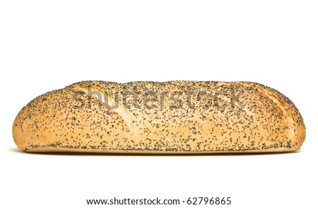 Poppy Seeded Bloomer fresh loaf of bread isolated on white background.