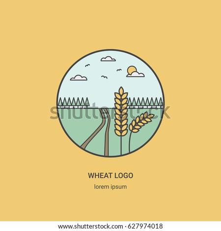 Wheat line vector logo. Landscape with wheat, forest, path, clouds, birds. Line art.