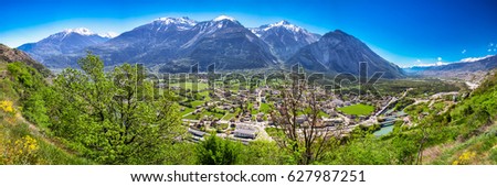 Leuk town near Leukerbad with Swiss Alps, Kanton Wallis, Switzerland.  Royalty-Free Stock Photo #627987251