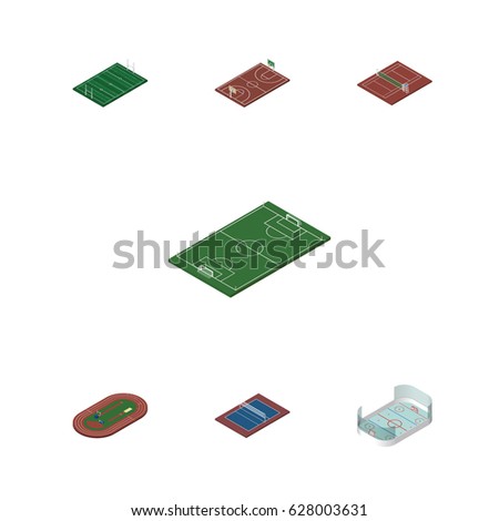 Isometric Lifestyle Set Of Soccer, Volleyball, American Football And Other Vector Objects. Also Includes Tennis, Basketball, Hockey Elements.
