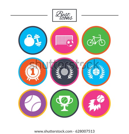 Sport games, fitness icons. Football, basketball and tennis signs. Golf, bike and winner medal symbols. Classic simple flat icons. Vector