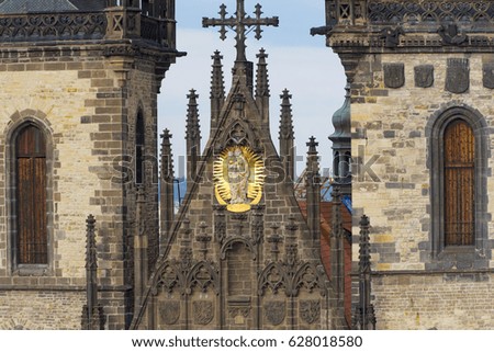Close-up detail of the main Church of Our Lady before Tyn in Prague