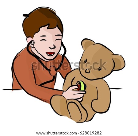 child playing doctor role game with bear doll using stethoscope sitting in playroom