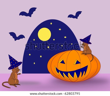 Two mice, a pumpkin and some bats.