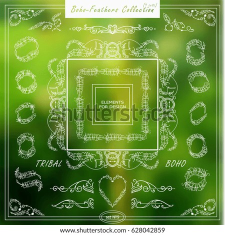 Vector boho, ethnic style elements for design. Ornamental vintage frame, borders, corners, square, arrows, dividers. Rooster, feathers, tribal beads, dreamcatcher, ribbon elements. Set 9 from 9