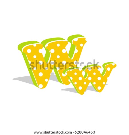 Capital and numeric cute dotted 3d letter W isolated on white background. Vector illustration. Element for design. Kids alphabet.