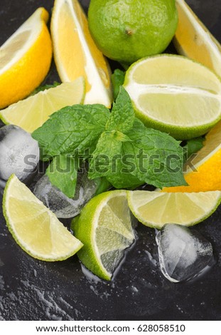 Lime, lemon, mint and ice cubes on black surface. The ingredients for making refreshing drinks, cocktails and lemonade. Selective focus