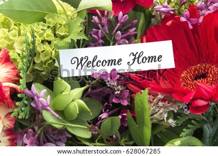 Welcome Home Card with Bouquet of Spring Flowers.