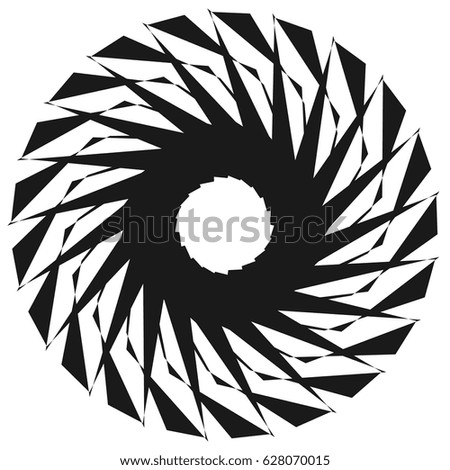 Radial geometric element series. Abstract black and white shape in concentric, circular style. Design elements with various distortion effects. Irregular geometric elements