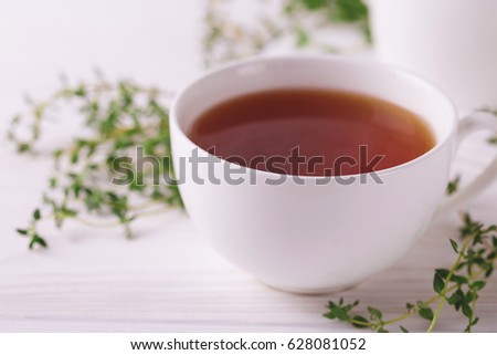 Thyme herbal tea. Healthy drink. Copyspace. Alternative medicine