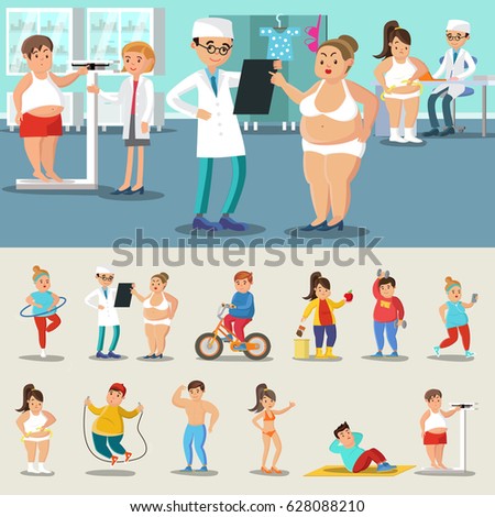 Fat people losing weight collection with nutritionist visits sport training physical exercises and diet isolated vector illustration