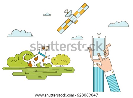 Colorful GPS animals monitoring concept with hands holding mobile satellite and dog in collar isolated vector illustration