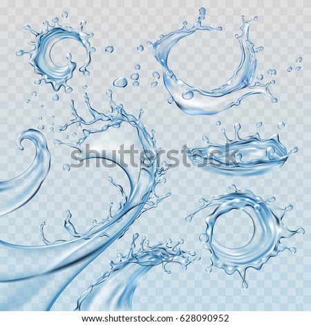 Set vector illustrations water splashes and flows, streams of various shapes. Design elements Royalty-Free Stock Photo #628090952